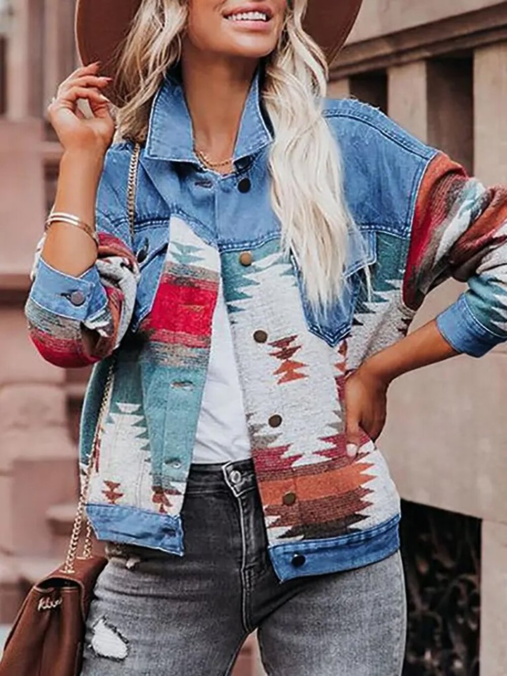 Aztec Patchwork Cropped Denim Jacket